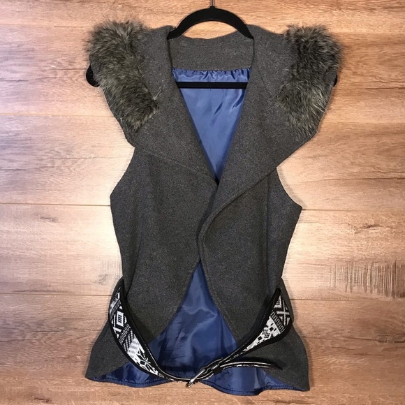 Faux Fur Collar Belted Sleeveless Gilet Vest Boho - Picture 2 of 13